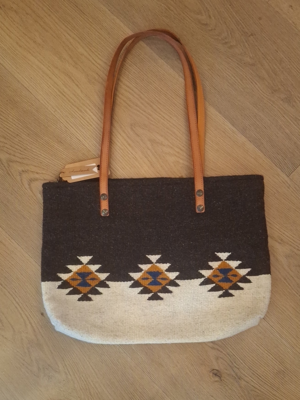 Woven Tribal Pattern Tote with Tan Leather Straps - Brown & Cream